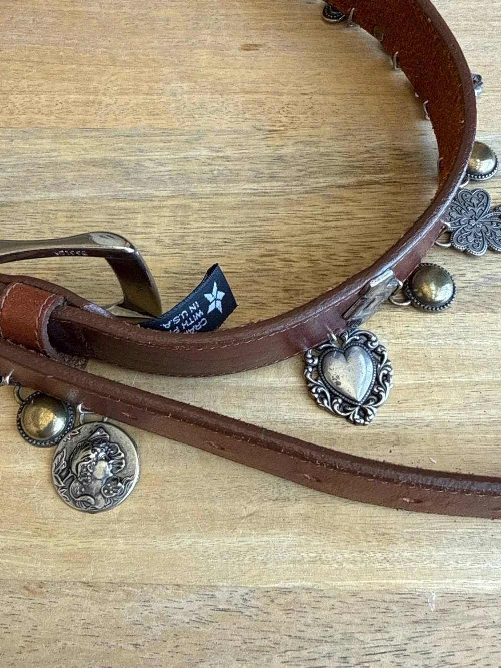 Vintage Brighton Brown Leather Charm Belt with Metal Accents